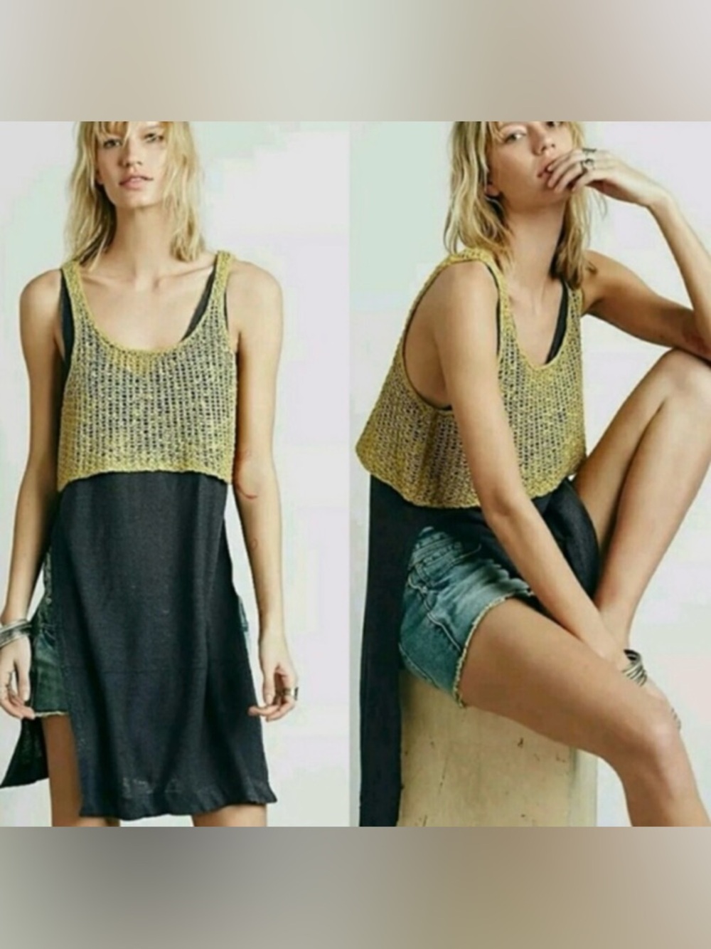 Free People Two Tone Twofer Knit Tunic Tank in Slate & Yellow Combo, Size Small